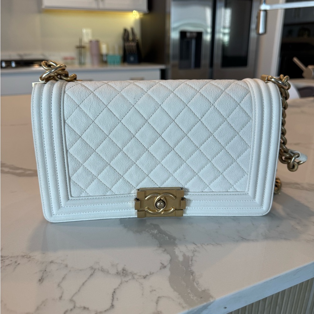 Chanel white old medium boy bag